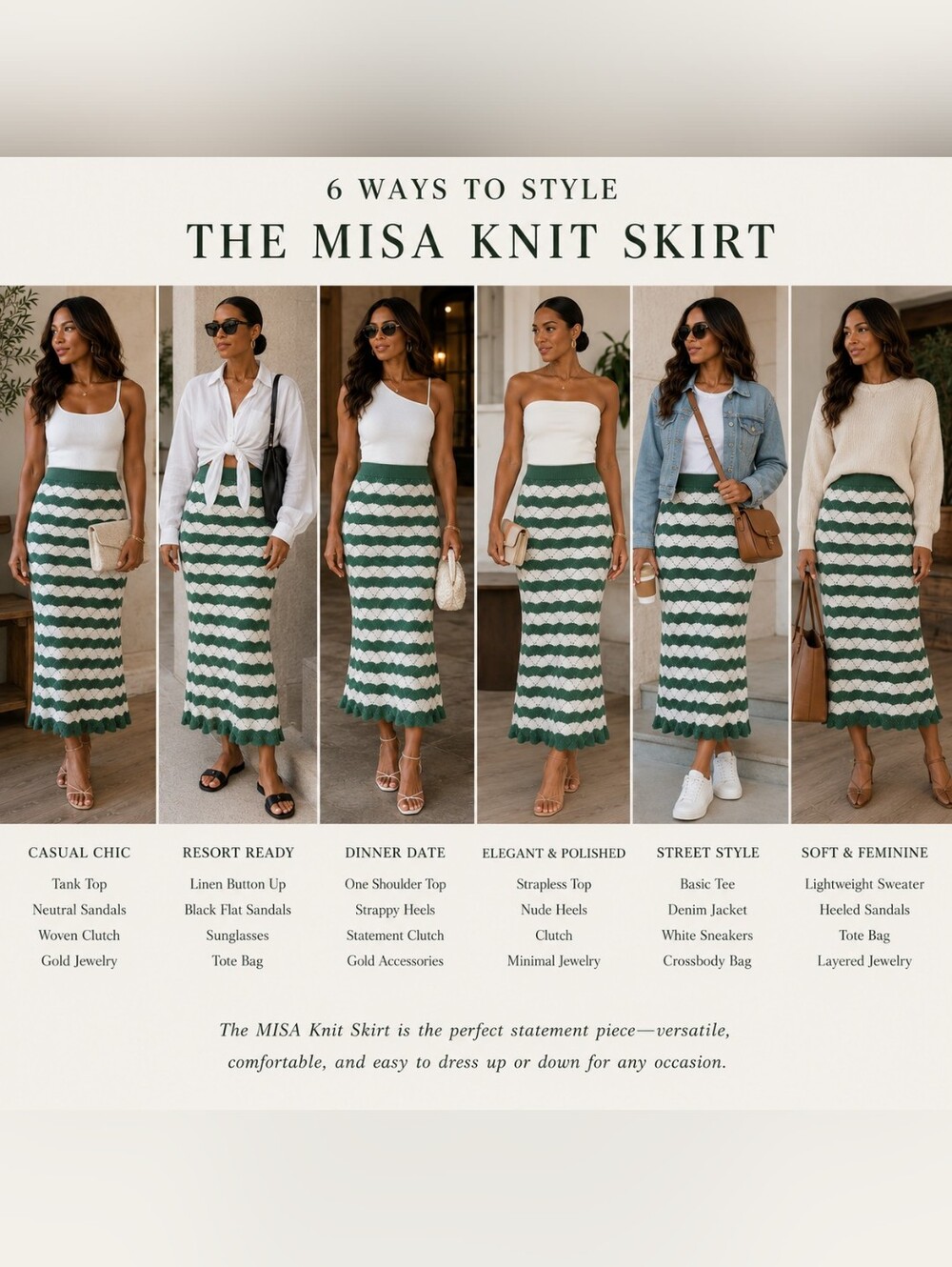 Misa Los Angeles Green and White Scalloped Knit Maxi Skirt